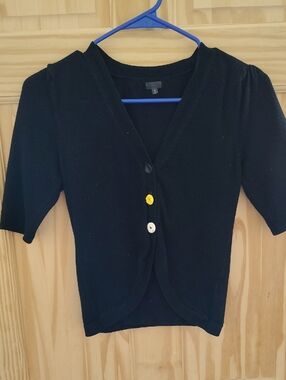 Upcycled Black V-neck Short Sleeve Cardigan With Vintage Buttons